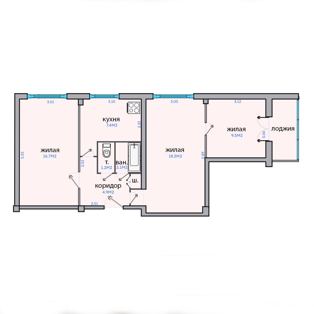 3-комнатная квартира по адресу Минск, Берута ул., д. 17, к. 3, 3-комн.
